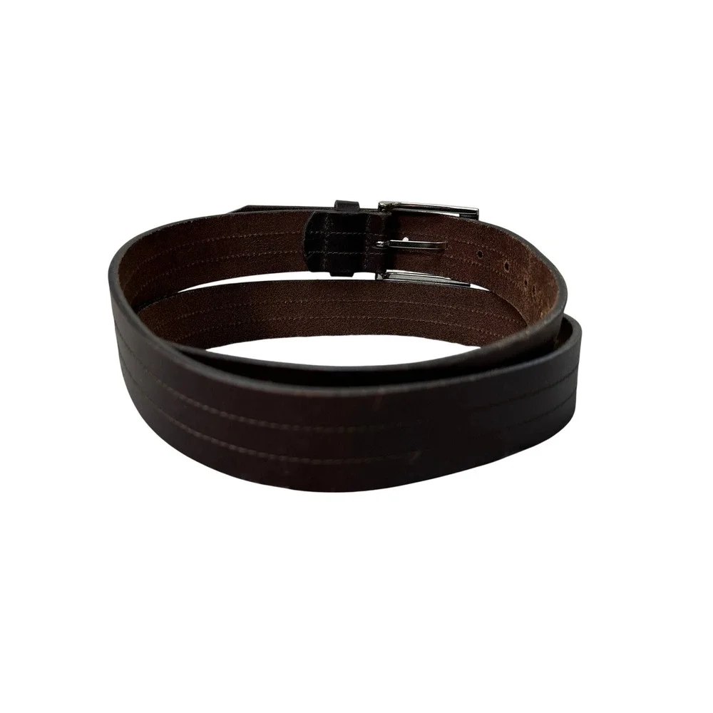 Genuine Leather Dark Brown Double Stitched Dress Belt Size 44 Silver Buckle